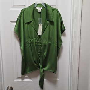 Rachel Zoe Green Satin Tie-Front Blouse